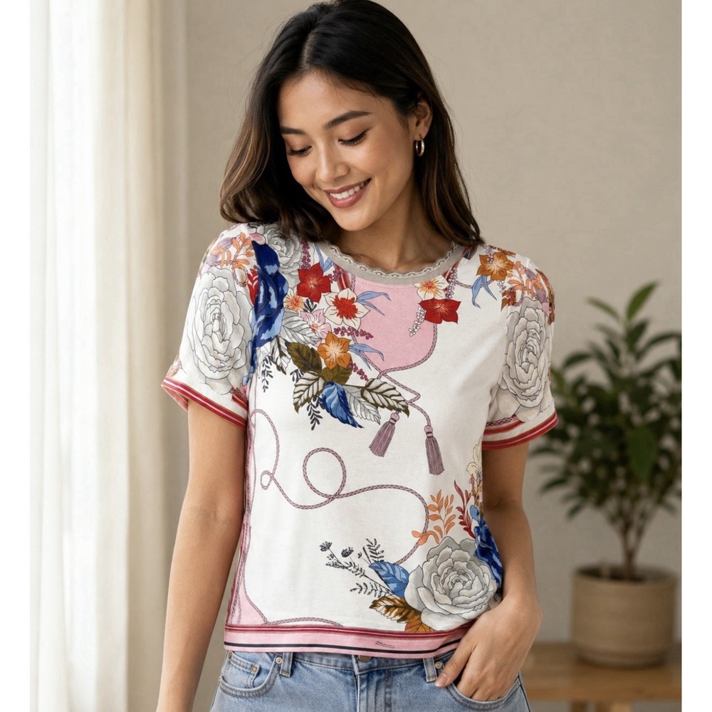 Hale Bob Floral Motifs Border Trim Blouse Top Women S Tassel Feminine Fairy Boho